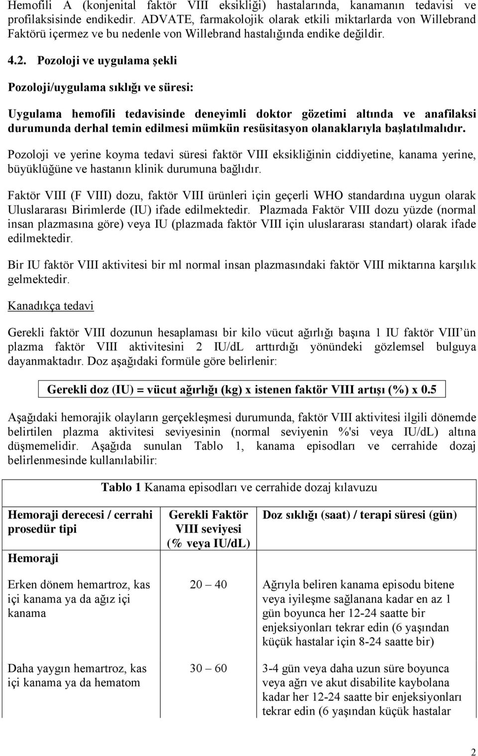 Pozoloji ve uygulama şekli Pozoloji/uygulama sıklığı ve süresi: Uygulama hemofili tedavisinde deneyimli doktor gözetimi altında ve anafilaksi durumunda derhal temin edilmesi mümkün resüsitasyon