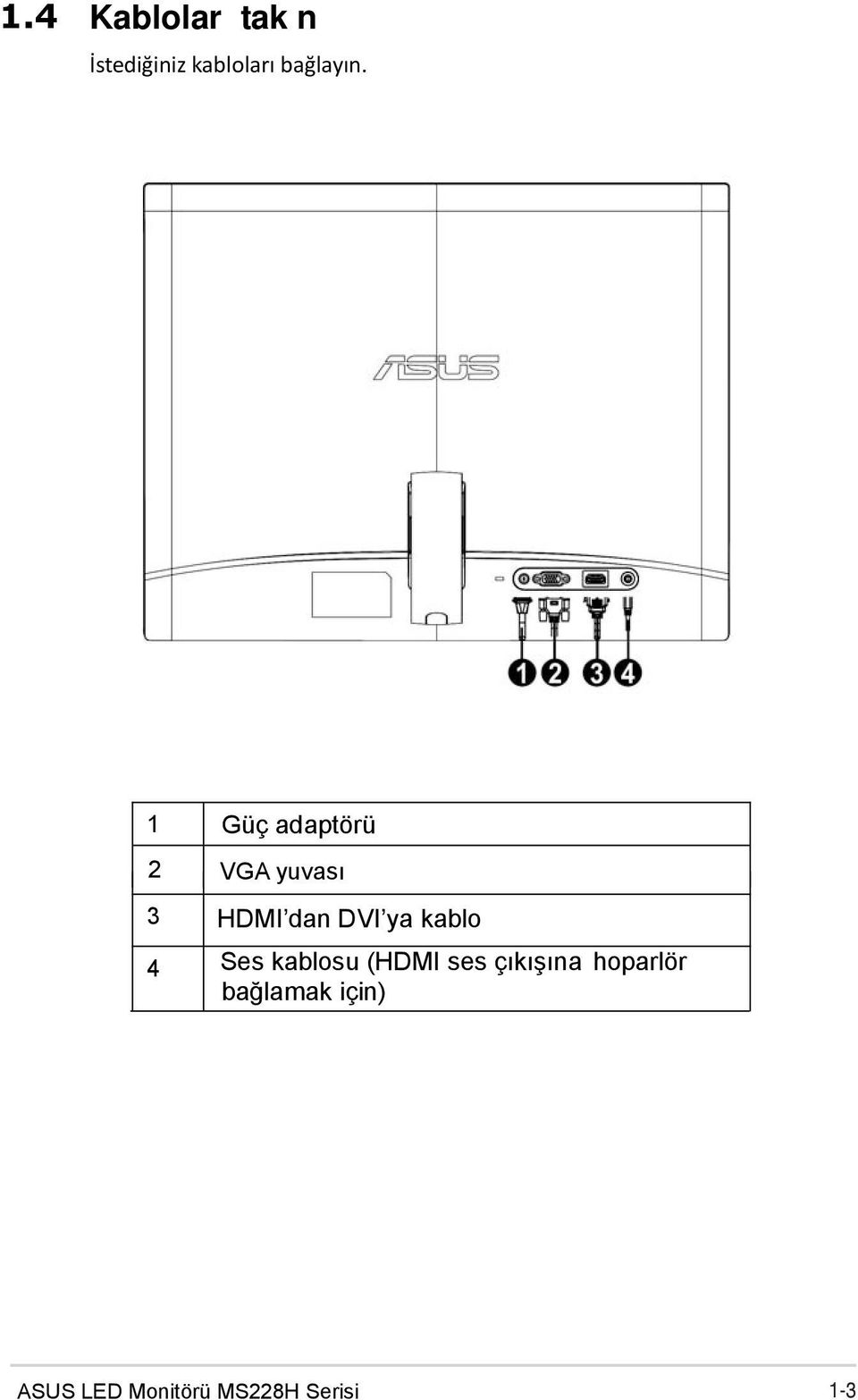 1 2 3 4 Güç adaptörü VGA yuvası HDMI dan DVI ya