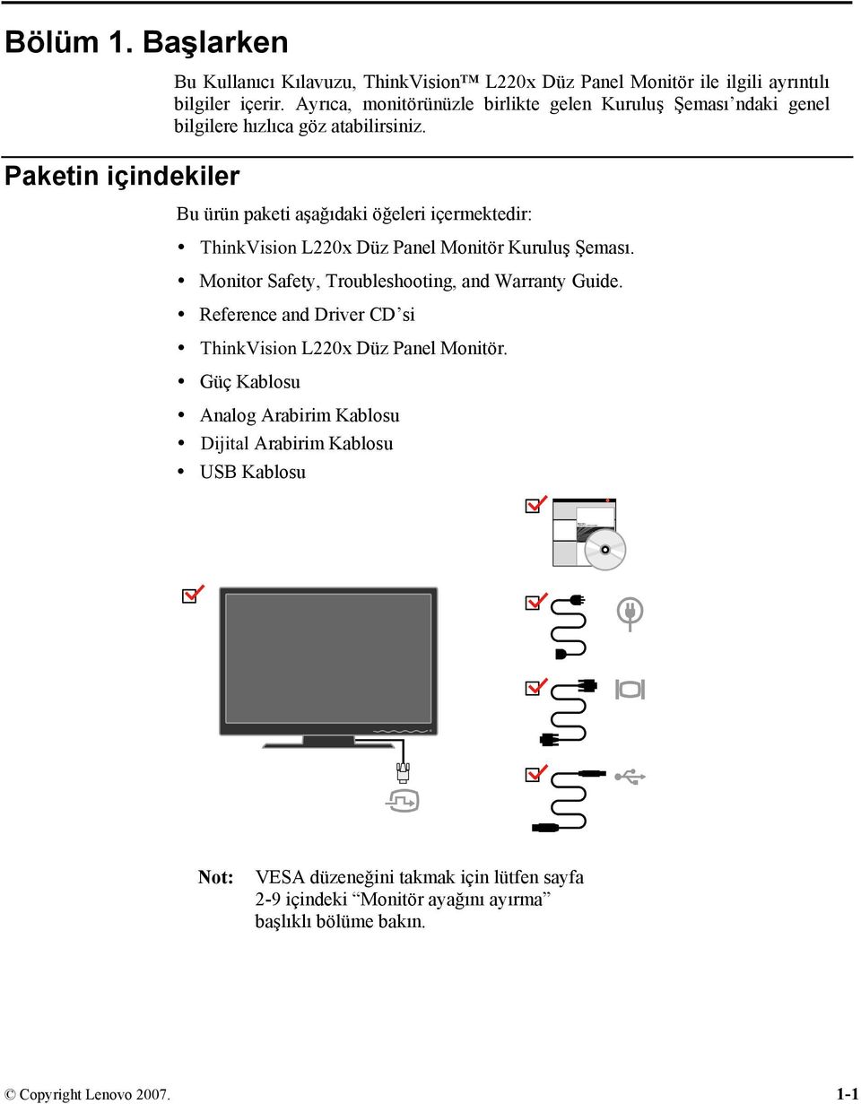 Bu ürün paketi aşağıdaki öğeleri içermektedir: ThinkVision L220x Düz Panel Monitör Kuruluş Şeması. Monitor Safety, Troubleshooting, and Warranty Guide.