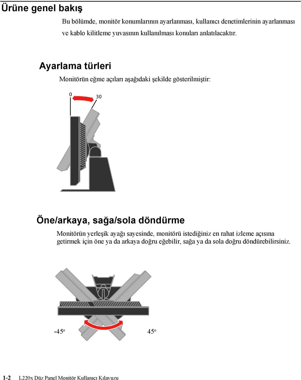 Ayarlama türleri Monitörün eğme açıları aşağıdaki şekilde gösterilmiştir: Öne/arkaya, sağa/sola döndürme Monitörün yerleşik