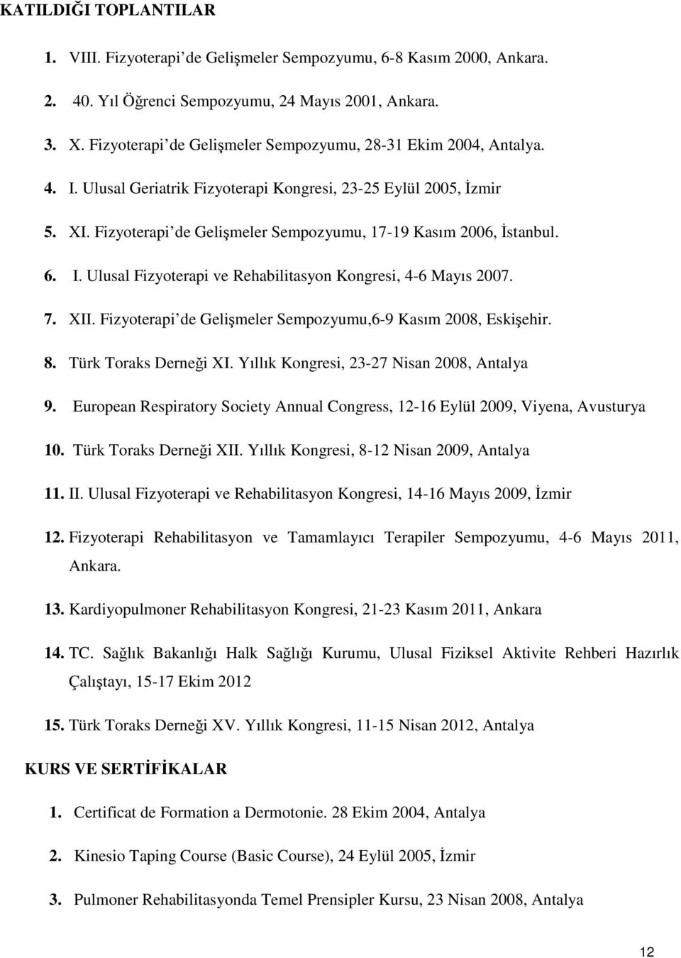 Fizyoterapi de Gelişmeler Sempozyumu, 17-19 Kasım 2006, İstanbul. 6. I. Ulusal Fizyoterapi ve Rehabilitasyon Kongresi, 4-6 Mayıs 2007. 7. XII.