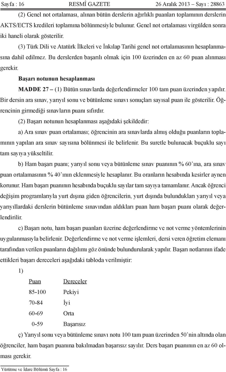 Bu derslerden başarılı olmak için 100 üzerinden en az 60 puan alınması gerekir. Başarı notunun hesaplanması MADDE 27 (1) Bütün sınavlarda değerlendirmeler 100 tam puan üzerinden yapılır.