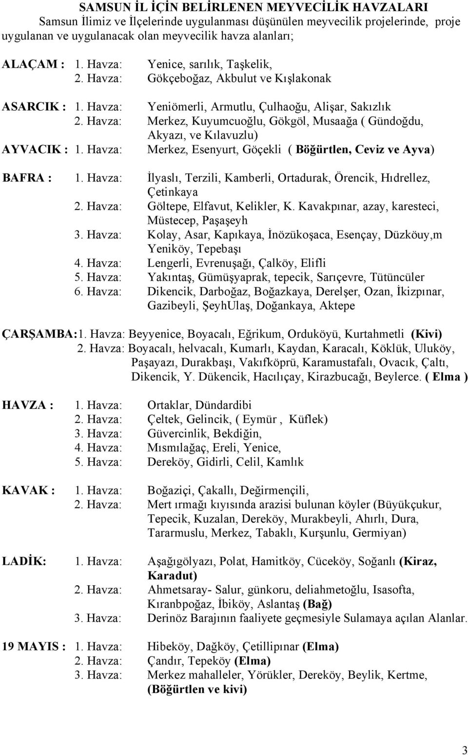 Havza: Merkez, Kuyumcuoğlu, Gökgöl, Musaağa ( Gündoğdu, Akyazı, ve Kılavuzlu) AYVACIK : 1. Havza: Merkez, Esenyurt, Göçekli ( Böğürtlen, Ceviz ve Ayva) BAFRA : 1.