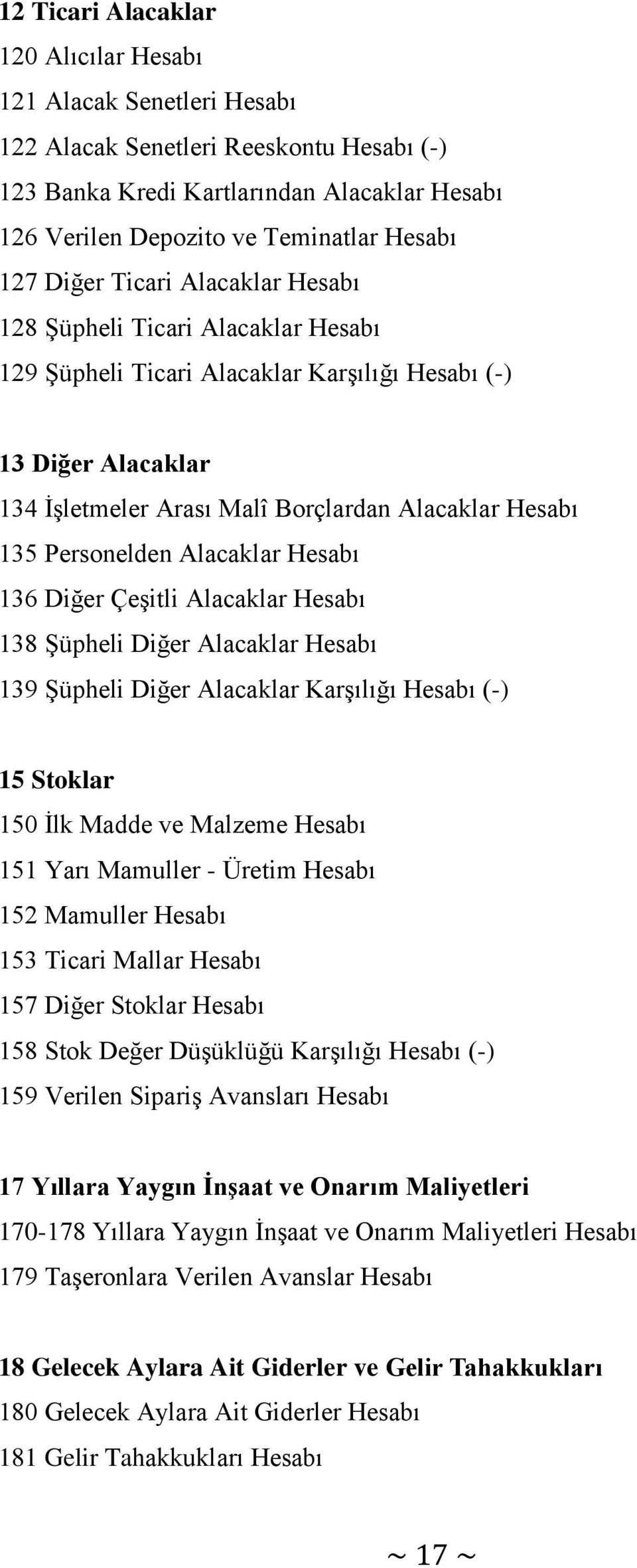 Personelden Alacaklar Hesabı 136 Diğer Çeşitli Alacaklar Hesabı 138 Şüpheli Diğer Alacaklar Hesabı 139 Şüpheli Diğer Alacaklar Karşılığı Hesabı (-) 15 Stoklar 150 İlk Madde ve Malzeme Hesabı 151 Yarı