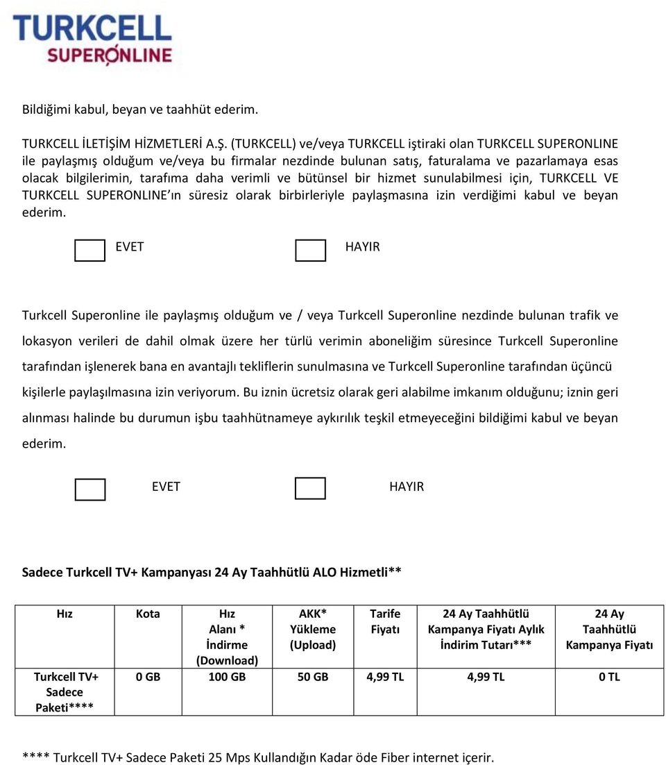 (TURKCELL) ve/veya TURKCELL iştiraki olan TURKCELL SUPERONLINE ile paylaşmış olduğum ve/veya bu firmalar nezdinde bulunan satış, faturalama ve pazarlamaya esas olacak bilgilerimin, tarafıma daha