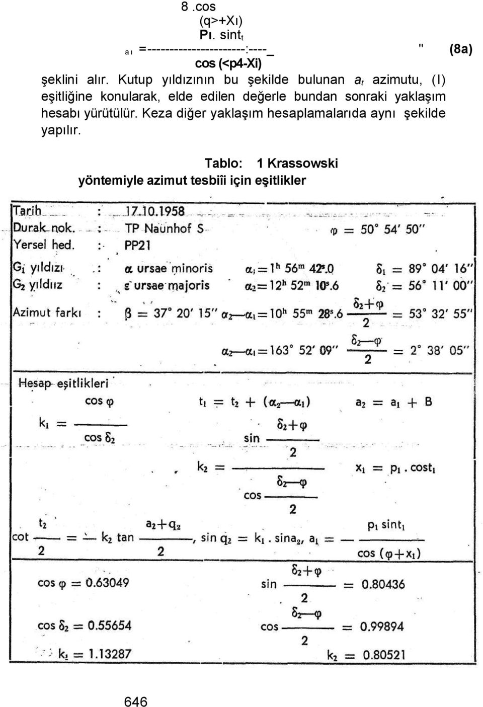 Kutup yıldızının bu şekilde bulunan a t azimutu, (I) eşitliğine konularak, elde edilen