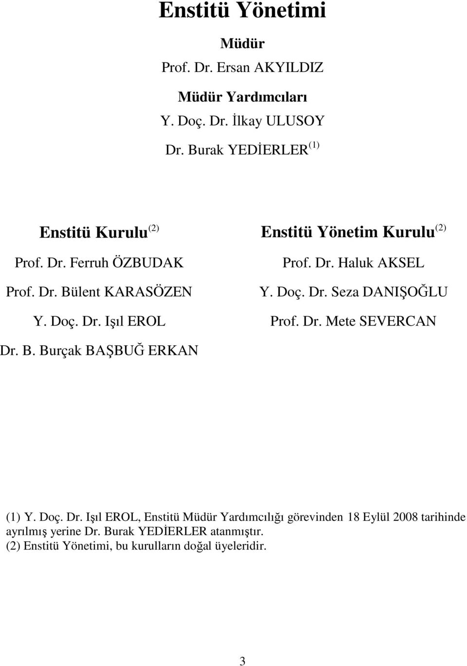 Doç. Dr. Seza DANIŞOĞLU Y. Doç. Dr. Işıl EROL Prof. Dr. Mete SEVERCAN Dr. B. Burçak BAŞBUĞ ERKAN (1) Y. Doç. Dr. Işıl EROL, Enstitü Müdür Yardımcılığı görevinden 18 Eylül 2008 tarihinde ayrılmış yerine Dr.