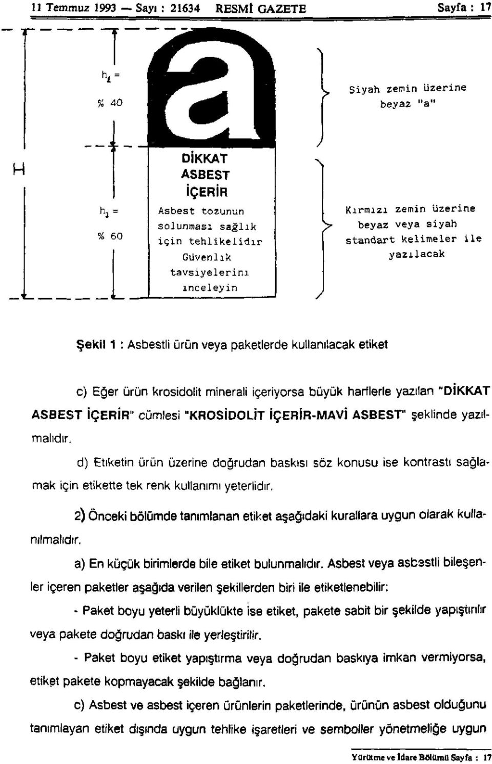 "DİKKAT ASBEST İÇERİR" cümlesi "KROSİDOLİT İÇERİR-MAVİ ASBEST" şeklinde yazılmalıdır.