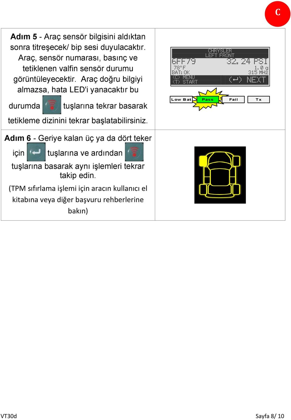 Araç doğru bilgiyi almazsa, hata LED'i yanacaktır bu durumda tuşlarına tekrar basarak tetikleme dizinini tekrar başlatabilirsiniz. 6FF79 CHRYSLER LEFT FRONT 32.