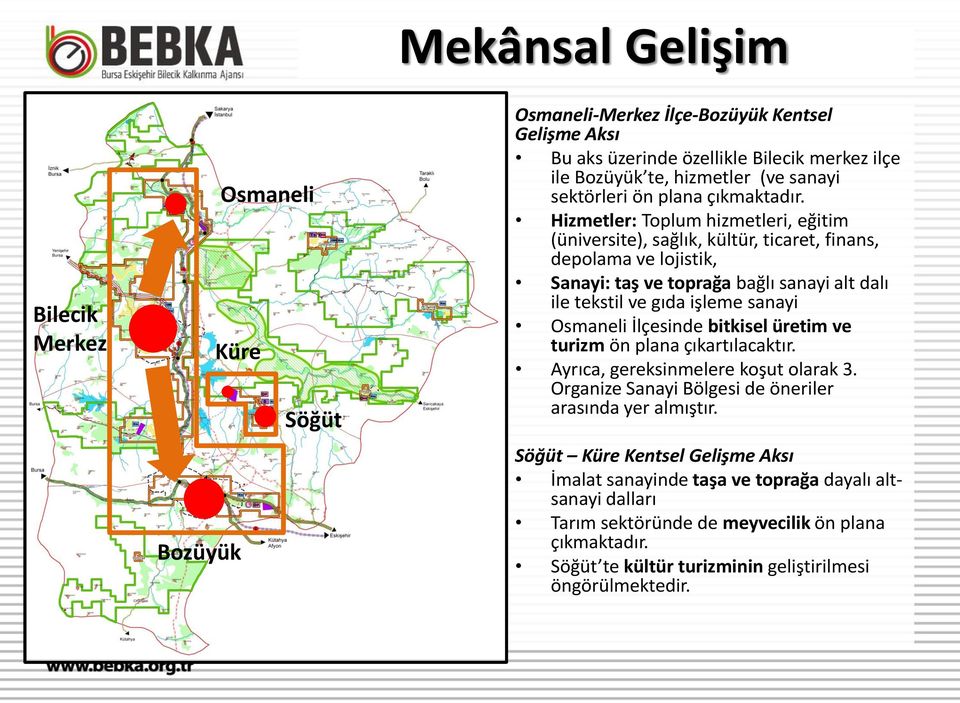 Hizmetler: Toplum hizmetleri, eğitim (üniversite), sağlık, kültür, ticaret, finans, depolama ve lojistik, Sanayi: taş ve toprağa bağlı sanayi alt dalı ile tekstil ve gıda işleme sanayi Osmaneli