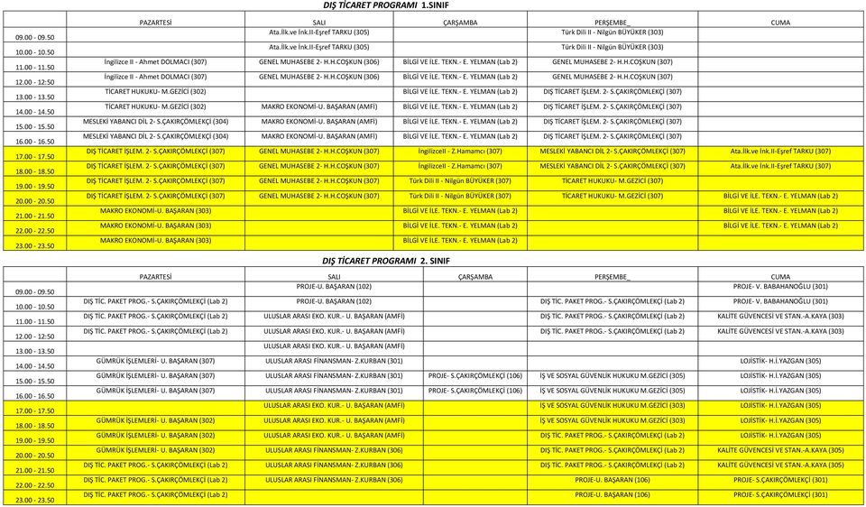GEZİCİ (302) BİLGİ VE İLE. TEKN.- E. YELMAN (Lab 2) DIŞ TİCARET İŞLEM. 2- S.ÇAKIRÇÖMLEKÇİ (307) TİCARET HUKUKU- M.GEZİCİ (302) MAKRO EKONOMİ-U. BAŞARAN (AMFİ) BİLGİ VE İLE. TEKN.- E. YELMAN (Lab 2) DIŞ TİCARET İŞLEM. 2- S.ÇAKIRÇÖMLEKÇİ (307) MESLEKİ YABANCI DİL 2- S.