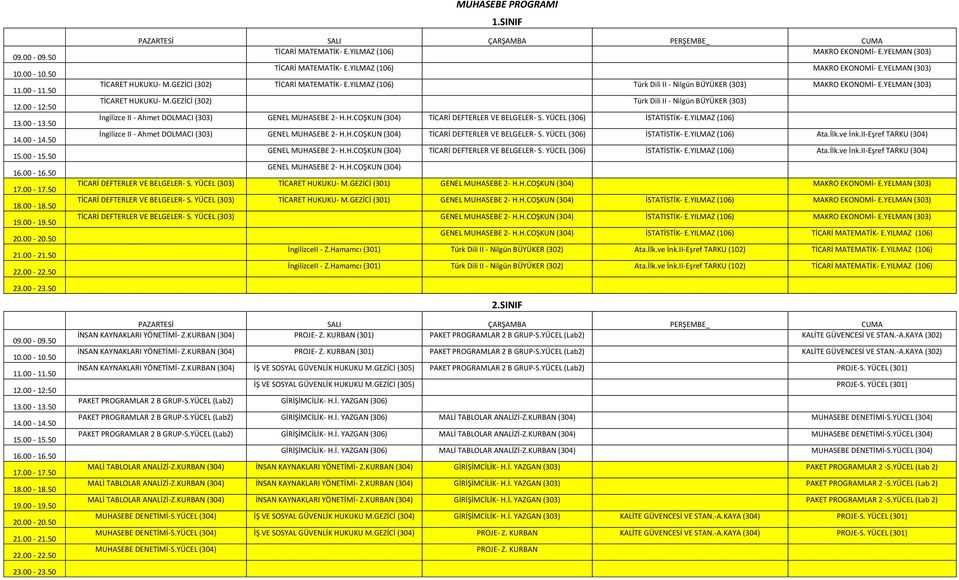 GEZİCİ (302) Türk Dili II - Nilgün BÜYÜKER (303) İngilizce II - Ahmet DOLMACI (303) GENEL MUHASEBE 2- H.H.COŞKUN (304) TİCARİ DEFTERLER VE BELGELER- S. YÜCEL (306) İSTATİSTİK- E.