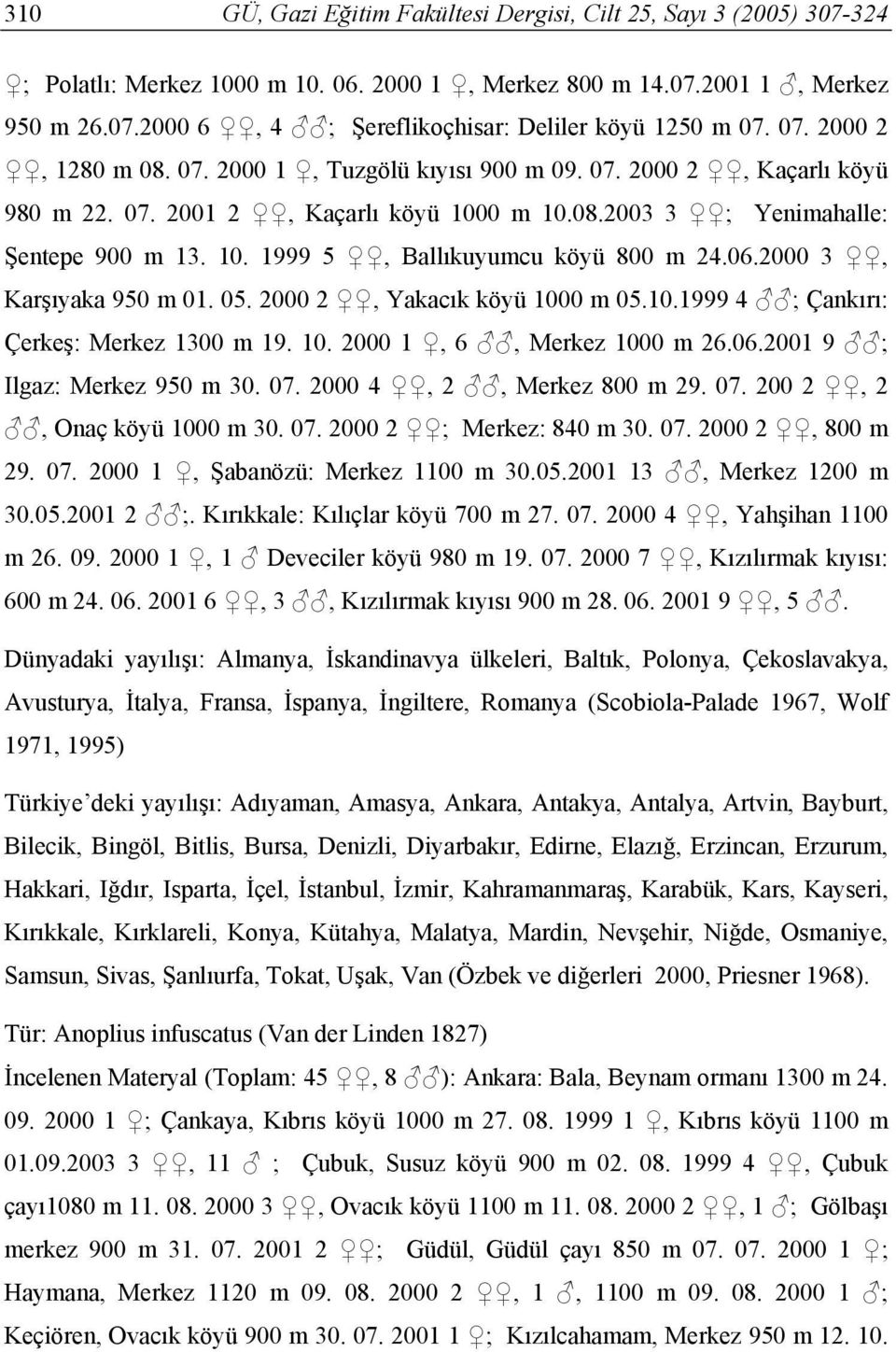 06.2000 3, Karşıyaka 950 m 01. 05. 2000 2, Yakacık köyü 1000 m 05.10.1999 4 ; Çankırı: Çerkeş: Merkez 1300 m 19. 10. 2000 1, 6, Merkez 1000 m 26.06.2001 9 ; Ilgaz: Merkez 950 m 30. 07.