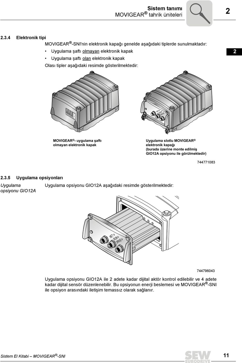 resimde gösterilmektedir: MOVIGEAR SNI MOVIGEAR - uygulama şaftı olmayan elektronik kapak NET RUN DRIVE Uygulama slotlu MOVIGEAR elektronik kapağı (burada üzerine monte edilmiş GIOA opsiyonu ile