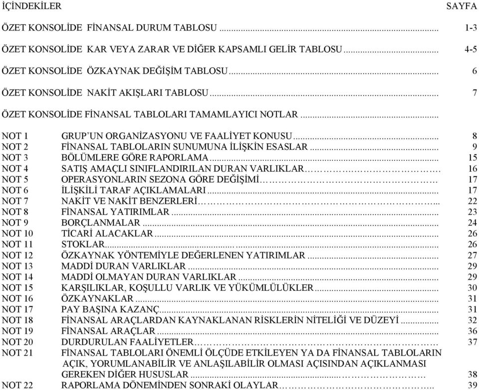 .. 15 NOT 4 SATIŞ AMAÇLI SINIFLANDIRILAN DURAN VARLIKLAR.. 16 NOT 5 OPERASYONLARIN SEZONA GÖRE DEĞİŞİMİ 17 NOT 6 İLİŞKİLİ TARAF AÇIKLAMALARI... 17 NOT 7 NAKİT VE NAKİT BENZERLERİ.