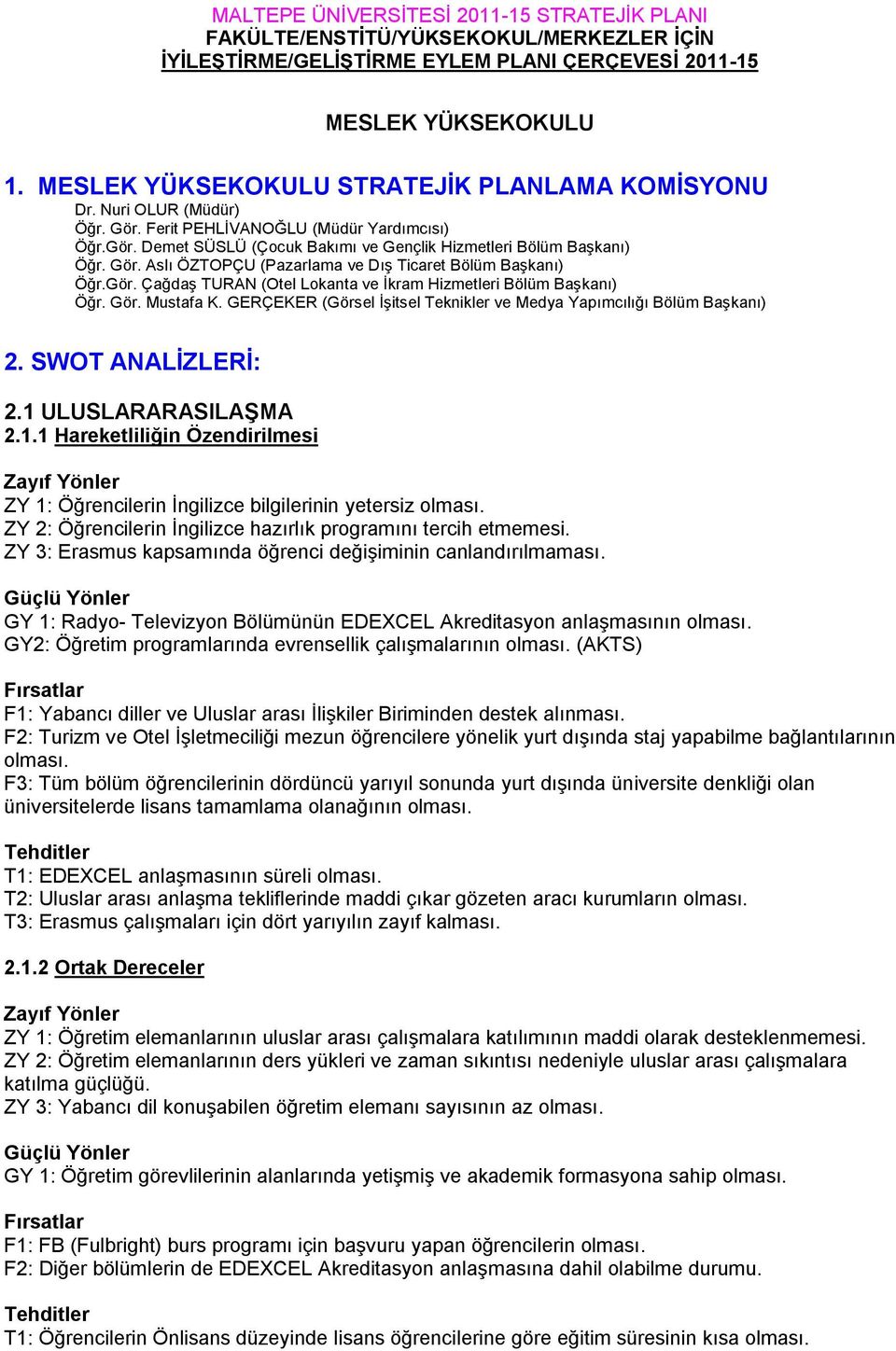 Gör. Çağdaş TURAN (Otel Lokanta ve Ġkram Hizmetleri Bölüm Başkanı) Öğr. Gör. Mustafa K. GERÇEKER (Görsel Ġşitsel Teknikler ve Medya Yapımcılığı Bölüm Başkanı) 2. SWOT ANALĠZLERĠ: 2.