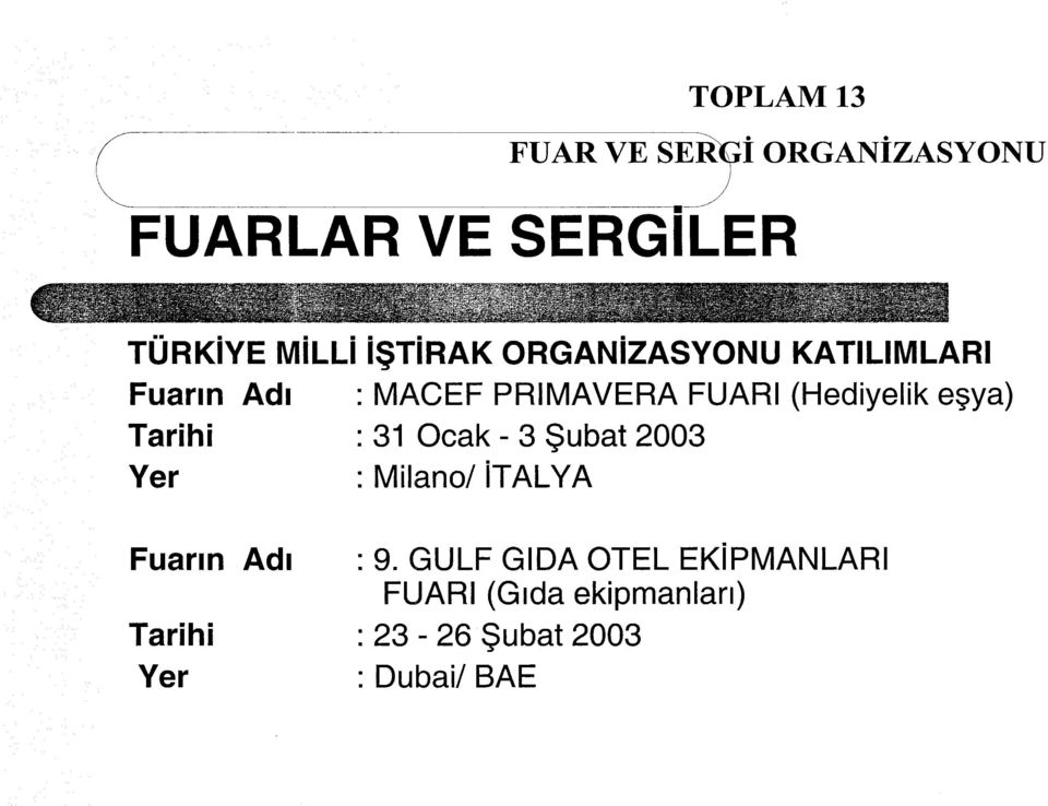 MACEF PRIMAVERA FUARI (Hediyelik eşya) Tarihi : 31 Ocak - 3 Şubat 2003 Yer :