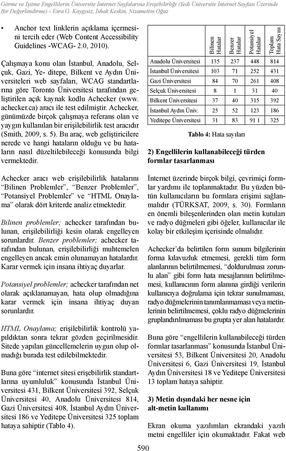 Bilinen Hatalar Benzer Hatalar Potansiyel Hatalar Toplam Hata Sayısı Çalışmaya konu olan İstanbul, Anadolu, Selçuk, Gazi, Ye- ditepe, Bilkent ve Aydın Üniversiteleri web sayfaları, WCAG