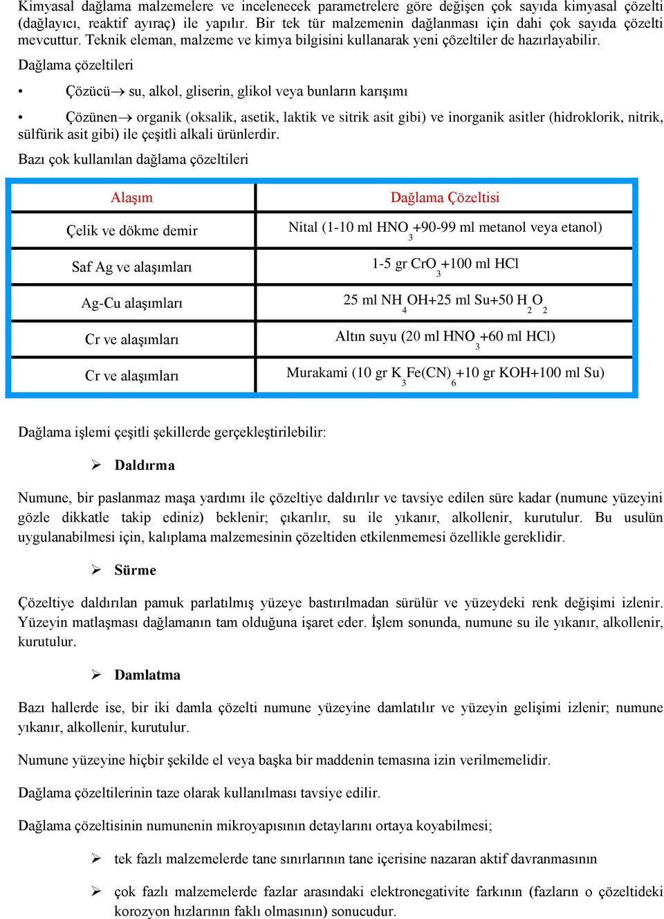 Dağlama çözeltileri Çözücü su, alkol, gliserin, glikol veya bunların karışımı Çözünen organik (oksalik, asetik, laktik ve sitrik asit gibi) ve inorganik asitler (hidroklorik, nitrik, sülfürik asit