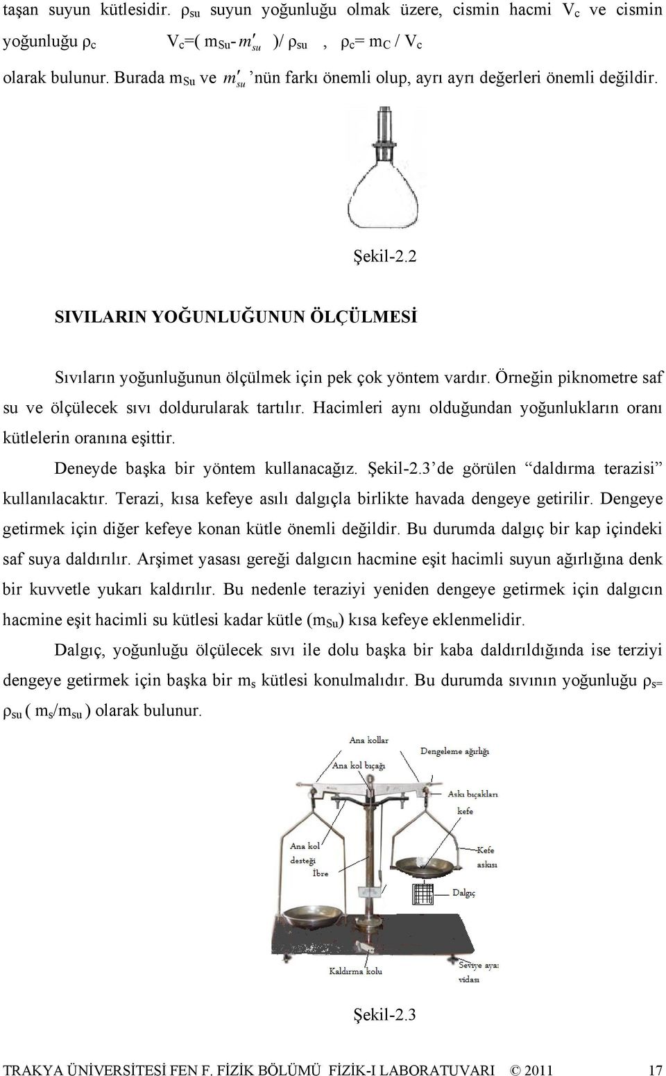 Örneğn pknometre saf su ve ölçülecek sıvı doldurularak tartılır. Hacmler aynı olduğundan yoğunlukların oranı kütlelern oranına eşttr. Deneyde başka br yöntem kullanacağız. Şekl-2.