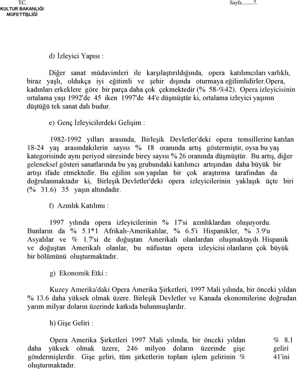 Opera izleyicisinin ortalama yaşı 1992'de 45 iken 1997'de 44'e düşmüştür ki, ortalama izleyici yaşının düştüğü tek sanat dalı budur.