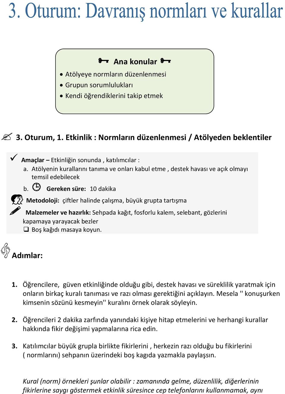 Atölyenin kurallarını tanıma ve onları kabul etme, destek havası ve açık olmayı temsil edebilecek b.