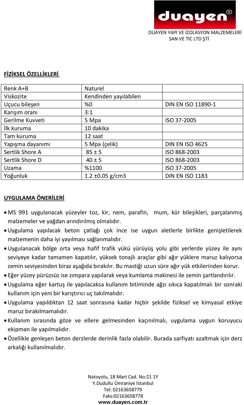 05 g/cm3 DIN EN ISO 1183 UYGULAMA ÖNERİLERİ MS 991 uygulanacak yüzeyler toz, kir, nem, parafin, mum, kür bileşikleri, parçalanmış malzemeler ve yağdan arındırılmış olmalıdır.