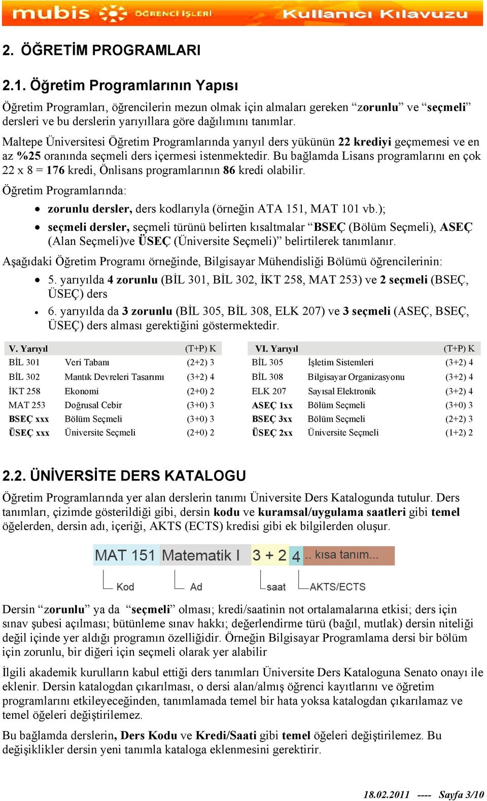 Maltepe Üniversitesi Öğretim Programlarında yarıyıl ders yükünün 22 krediyi geçmemesi ve en az %25 oranında seçmeli ders içermesi istenmektedir.