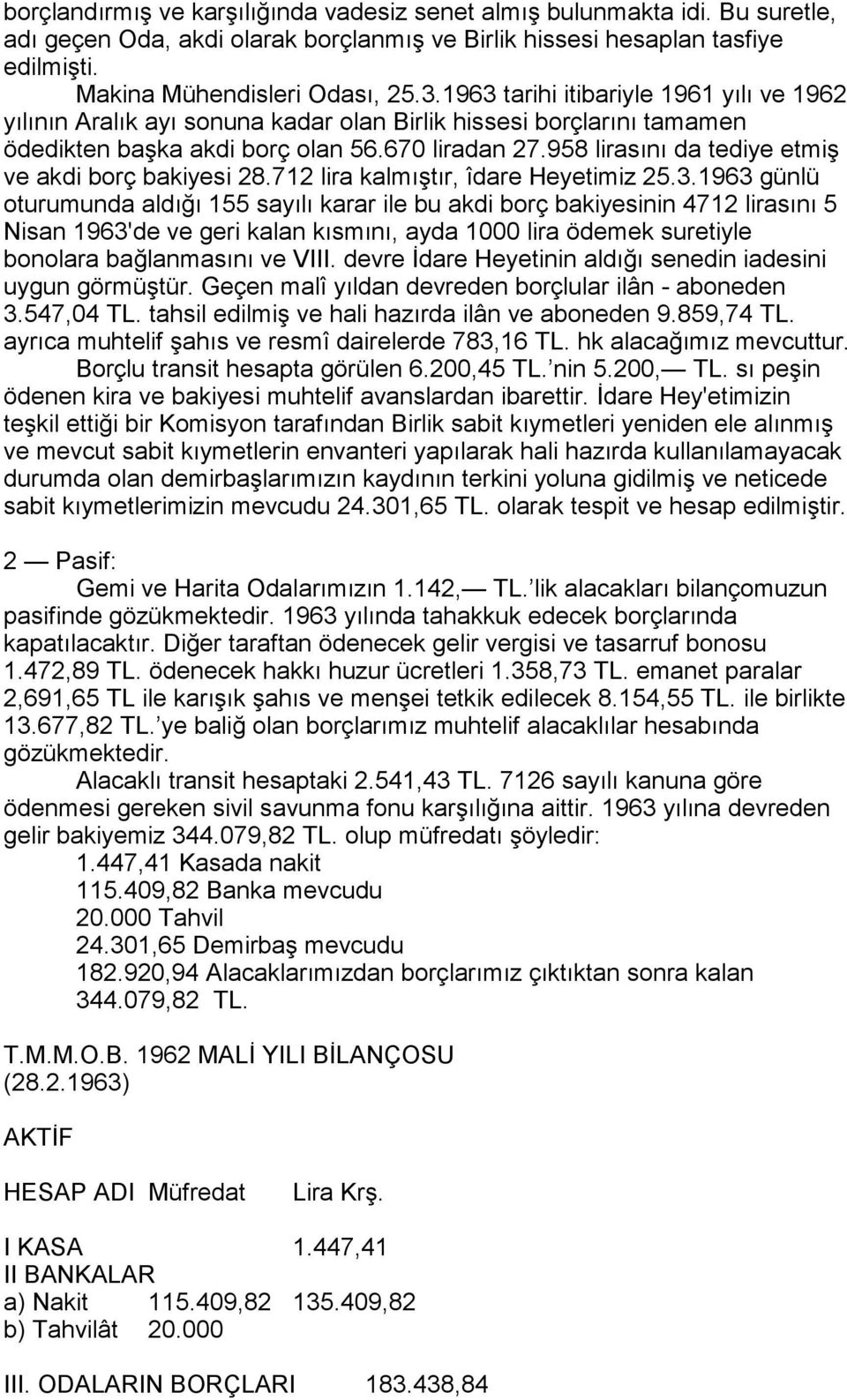 958 lirasõnõ da tediye etmiş ve akdi borç bakiyesi 28.712 lira kalmõştõr, îdare Heyetimiz 25.3.