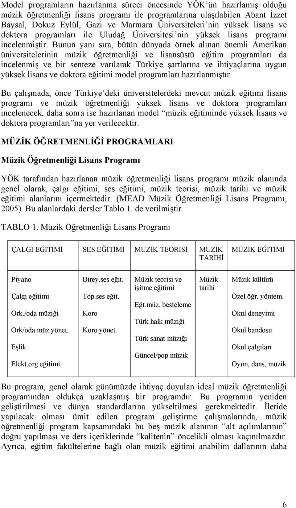 Bunun yanı sıra, bütün dünyada örnek alınan önemli Amerikan üniversitelerinin müzik öğretmenliği ve lisansüstü eğitim programları da incelenmiş ve bir senteze varılarak Türkiye şartlarına ve