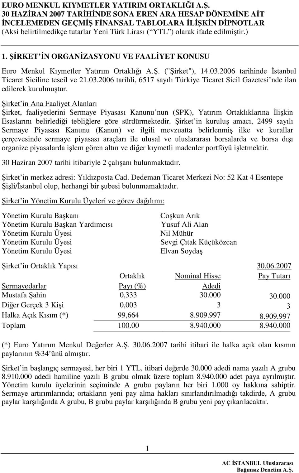 Şirket in kuruluş amacı, 2499 sayılı Sermaye Piyasası Kanunu (Kanun) ve ilgili mevzuatta belirlenmiş ilke ve kurallar çerçevesinde sermaye piyasası araçları ile ulusal ve uluslararası borsalarda ve