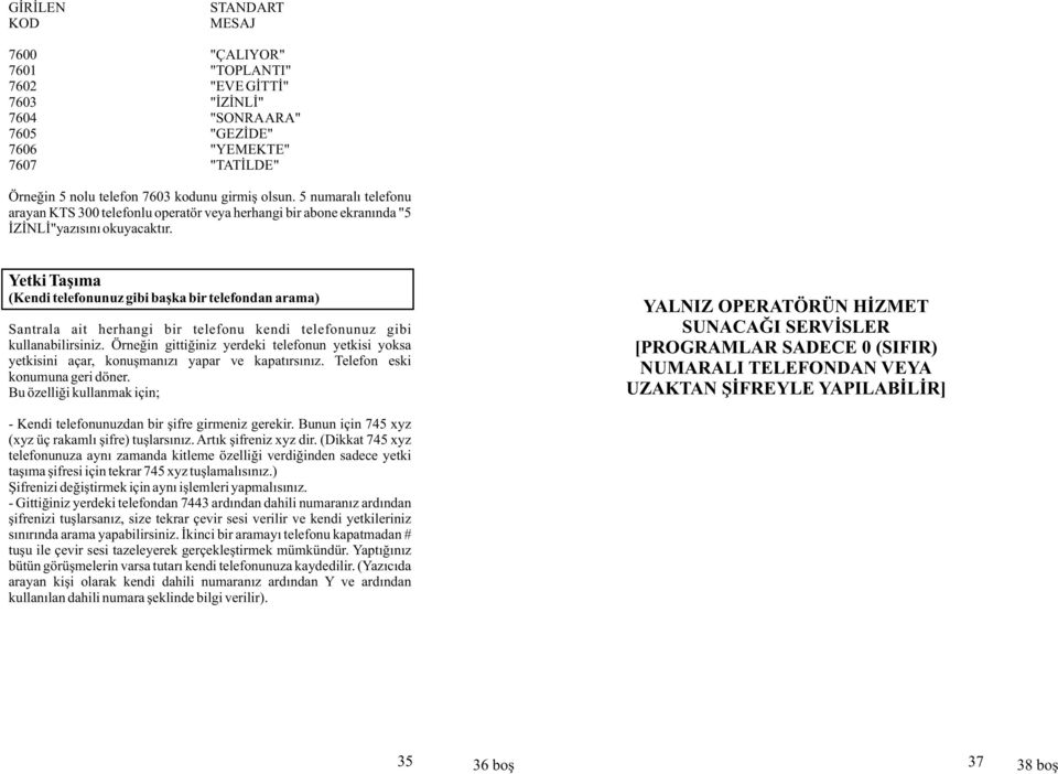 Yetki Taþýma (Kendi telefonunuz gibi baþka bir telefondan arama) Santrala ait herhangi bir telefonu kendi telefonunuz gibi kullanabilirsiniz.