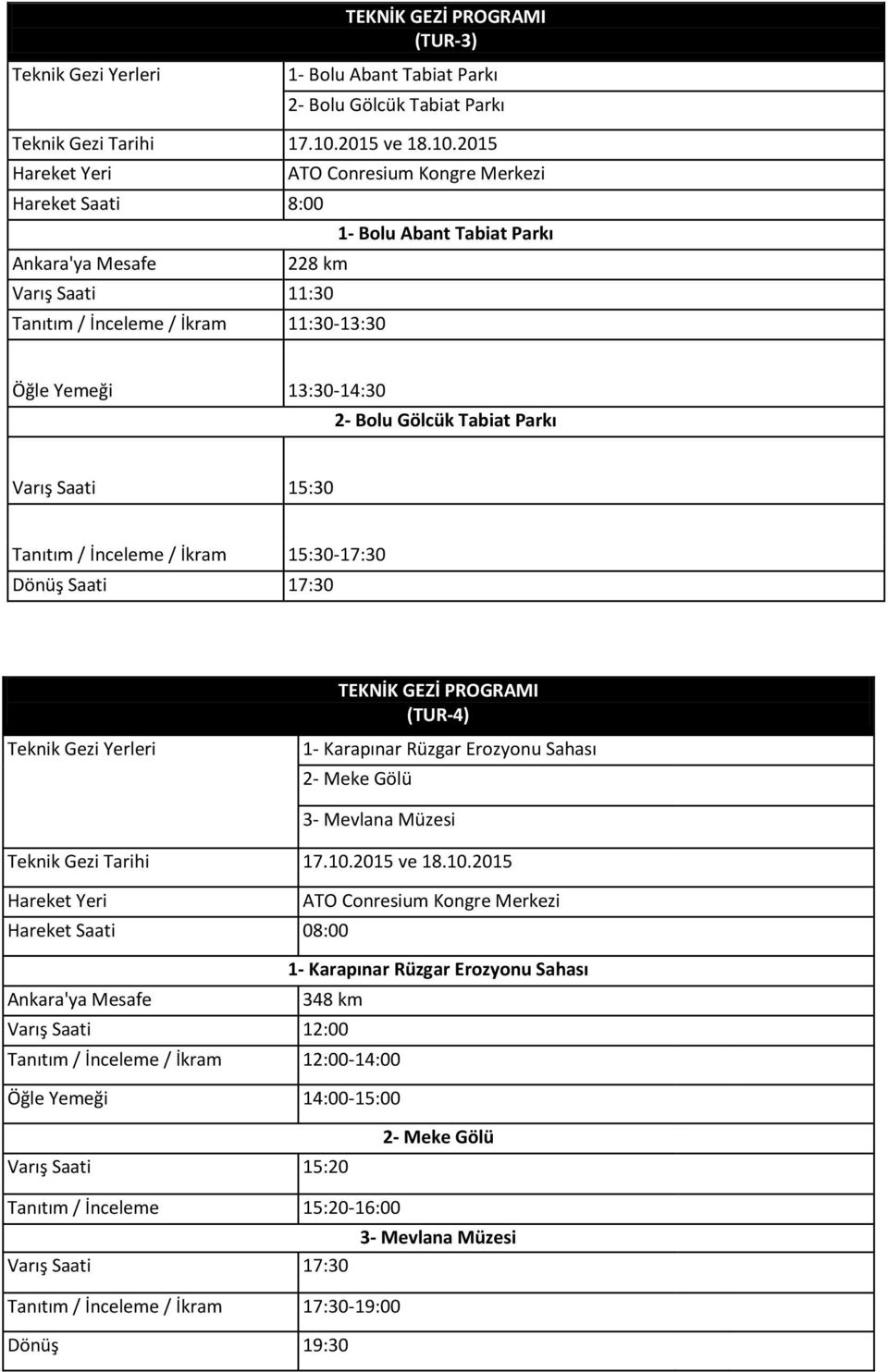 2015 Hareket Yeri ATO Conresium Kongre Merkezi Hareket Saati 8:00 1- Bolu Abant Tabiat Parkı Ankara'ya Mesafe 228 km Varış Saati 11:30 Tanıtım / İnceleme / İkram 11:30-13:30 Öğle Yemeği 13:30-14:30