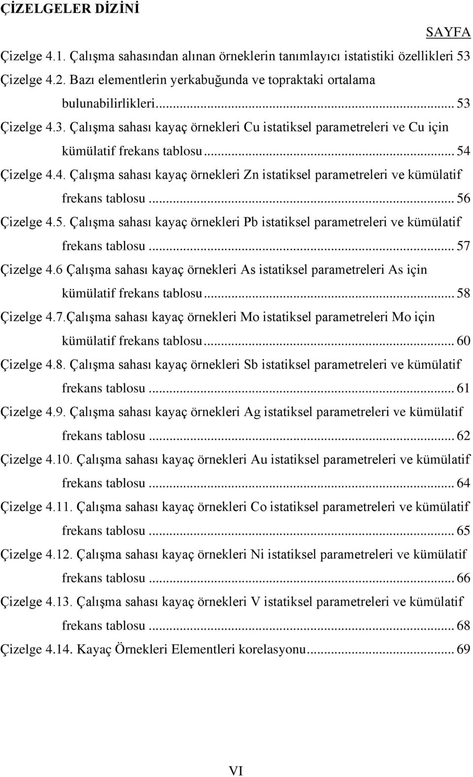 .. 56 Çizelge 4.5. Çalışma sahası kayaç örnekleri Pb istatiksel parametreleri ve kümülatif frekans tablosu... 57 Çizelge 4.