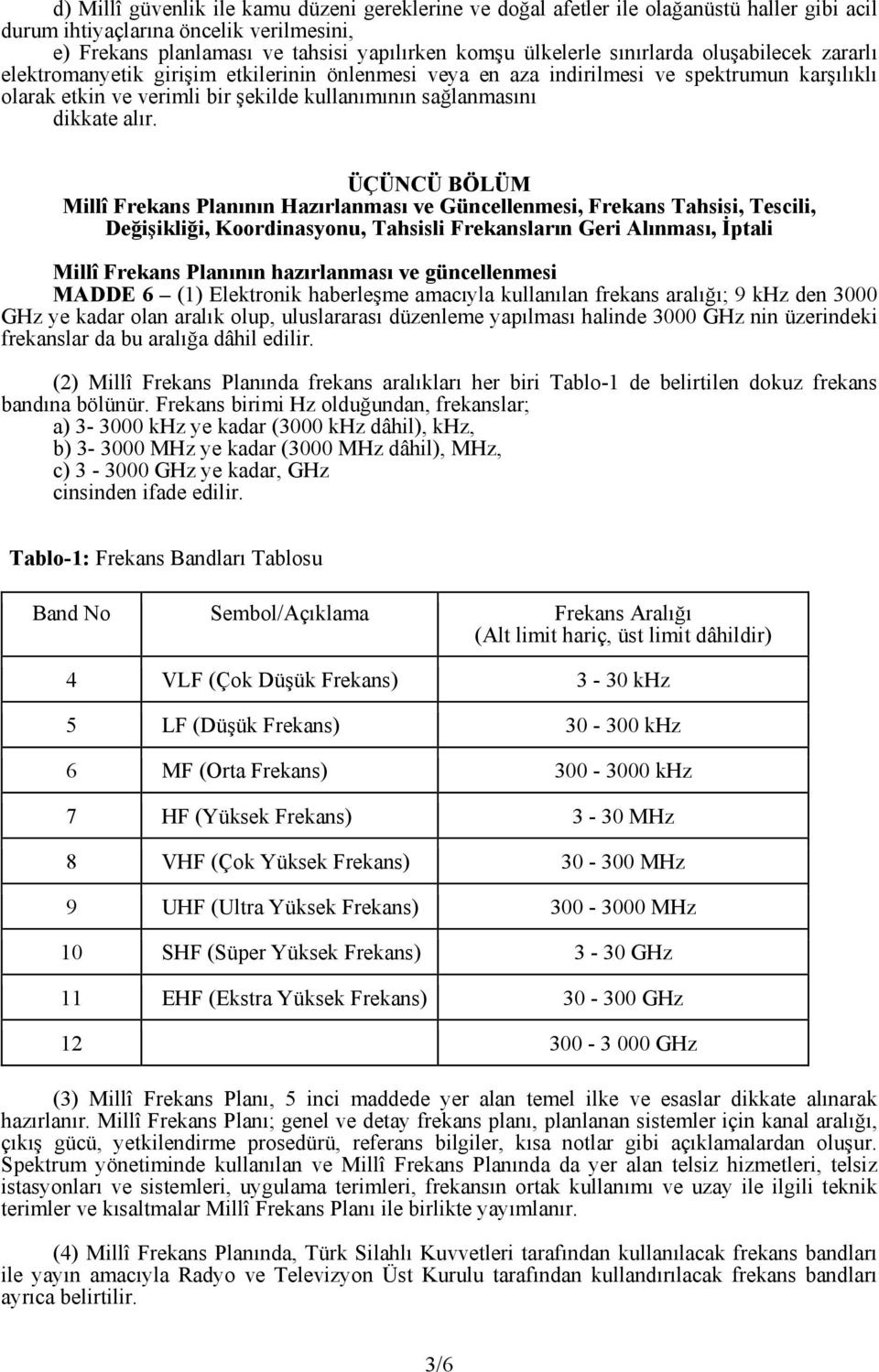 alır. ÜÇÜNCÜ BÖLÜM Millî Frekans Planının Hazırlanması ve Güncellenmesi, Frekans Tahsisi, Tescili, Değişikliği, Koordinasyonu, Tahsisli Frekansların Geri Alınması, İptali Millî Frekans Planının