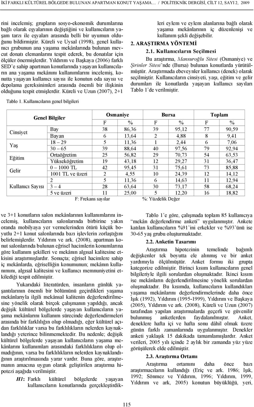 Küreli ve Uysal (1998), genel kullanıcı grubunun ana yaşama mekânlarında bulunan mevcut donatı elemanlarını tespit ederek, bu donatılar için ölçüler önermişlerdir.