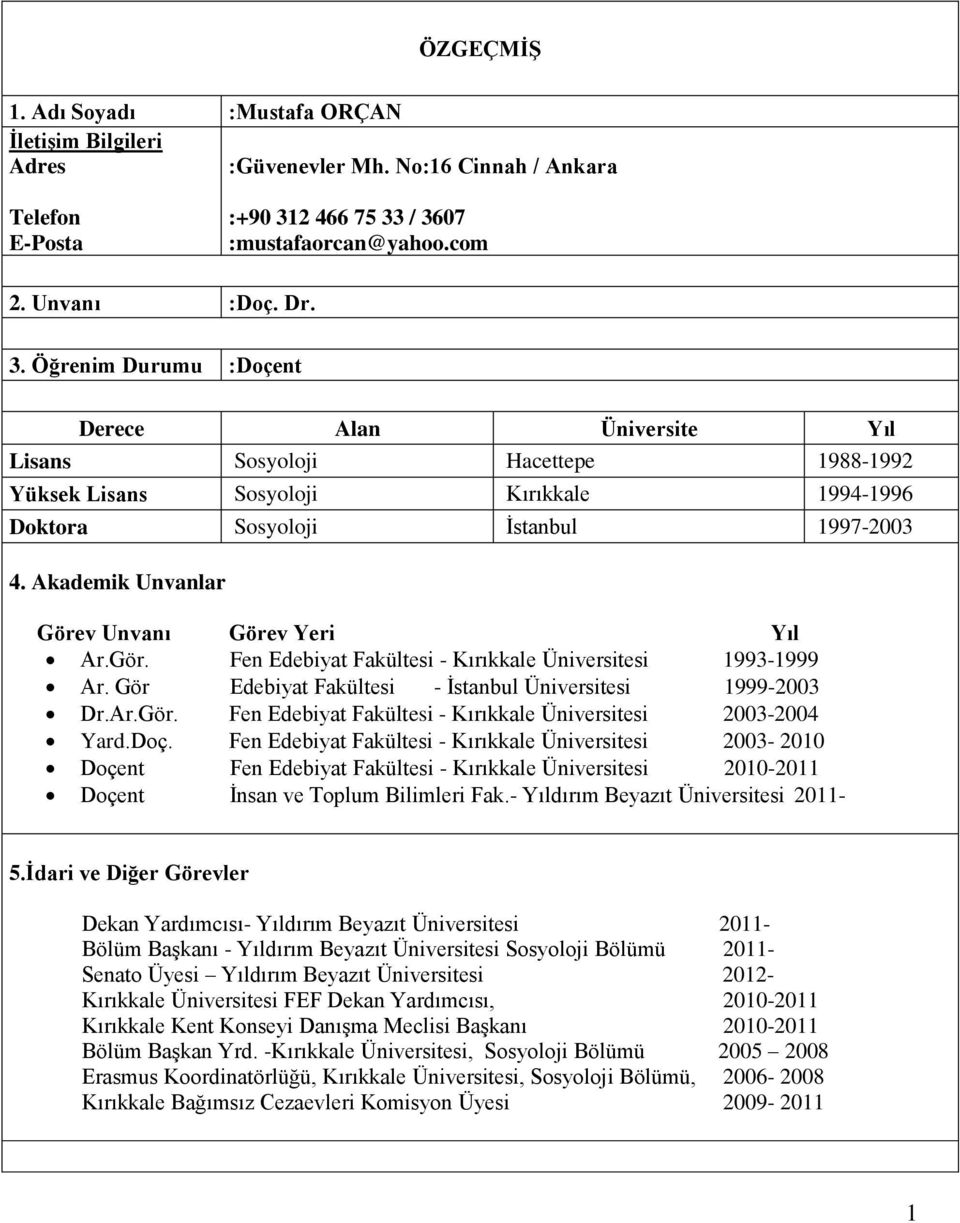 Akademik Unvanlar Görev Unvanı Görev Yeri Yıl Ar.Gör. Fen Edebiyat Fakültesi - Kırıkkale Üniversitesi 1993-1999 Ar. Gör Edebiyat Fakültesi - İstanbul Üniversitesi 1999-2003 Dr.Ar.Gör. Fen Edebiyat Fakültesi - Kırıkkale Üniversitesi 2003-2004 Yard.