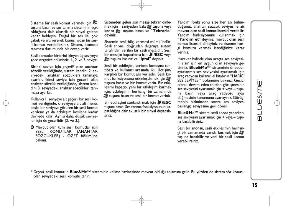 Sesli komutlar birbirini izleyen üç seviyeye göre organize edilmiþtir: 1., 2. ve 3. seviye. Birinci seviye için geçerli* olan anahtar sözcük verildiðinde, sistem kendini 2.