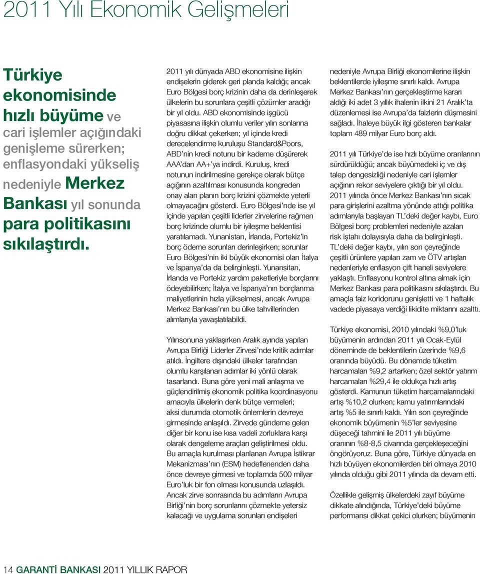 2011 yılı dünyada ABD ekonomisine ilişkin endişelerin giderek geri planda kaldığı; ancak Euro Bölgesi borç krizinin daha da derinleşerek ülkelerin bu sorunlara çeşitli çözümler aradığı bir yıl oldu.