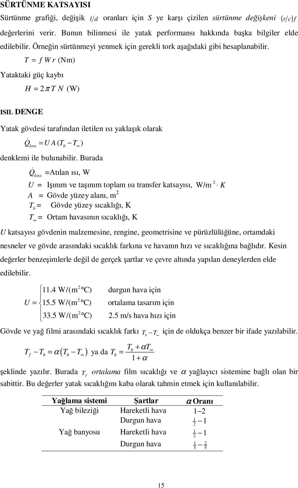 T = f W r (Nm) Yataktaki güç kaybı H = π T N (W) ISIL DENGE Yatak gövdei tarafından iletilen ıı yaklaşık olarak Qɺ lo = U A ( Tb T ) denklemi ile bulunabilir.