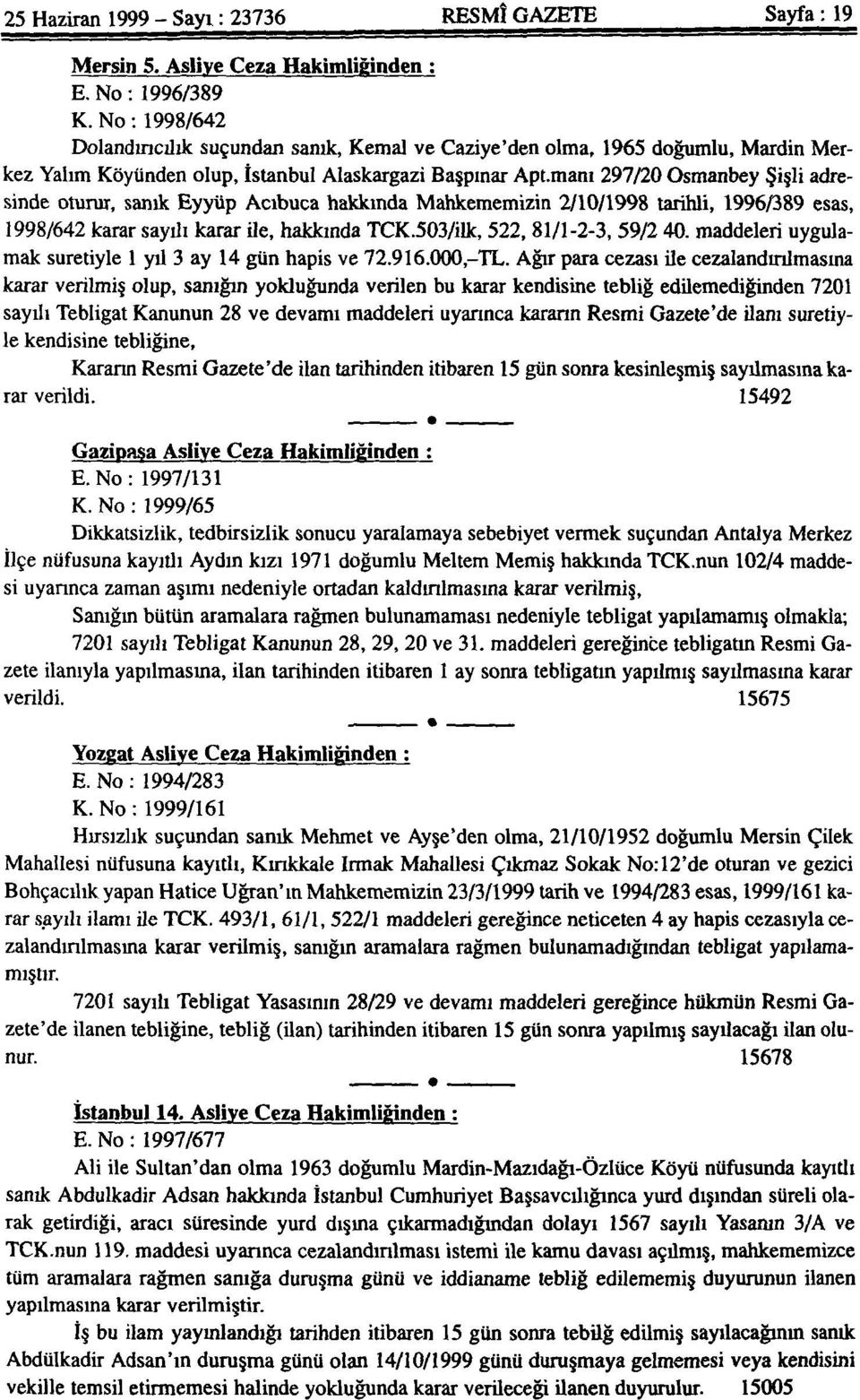 manı 297/20 Osmanbey Şişli adresinde oturur, sanık Eyyüp Acıbuca hakkında Mahkememizin 2/10/1998 tarihli, 1996/389 esas, 1998/642 karar sayılı karar ile, hakkında TCK.503/ilk, 522, 81/1-2-3, 59/2 40.