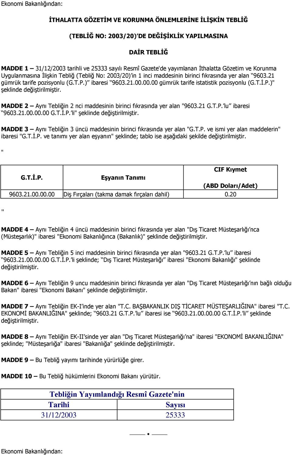 MADDE 2 Aynı Tebliğin 2 nci maddesinin birinci fıkrasında yer alan 9603.21 G.T.P. lu ibaresi 9603.21.00.00.00 li şeklinde değiştirilmiştir.