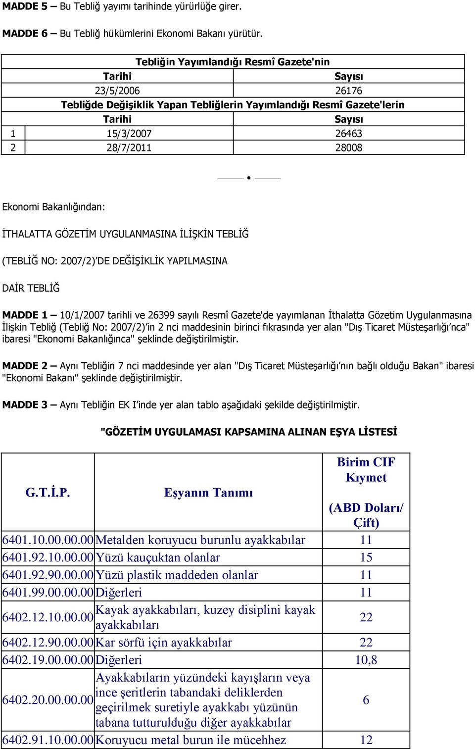 Ticaret Müsteşarlığı nca ibaresi Ekonomi Bakanlığınca şeklinde değiştirilmiştir.