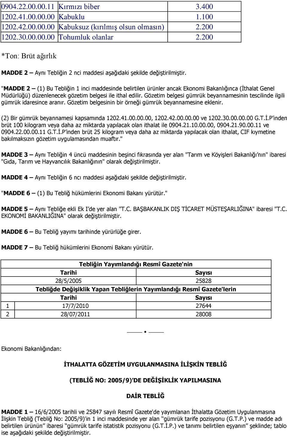 MADDE 2 (1) Bu Tebliğin 1 inci maddesinde belirtilen ürünler ancak Ekonomi Bakanlığınca (İthalat Genel Müdürlüğü) düzenlenecek gözetim belgesi ile ithal edilir.