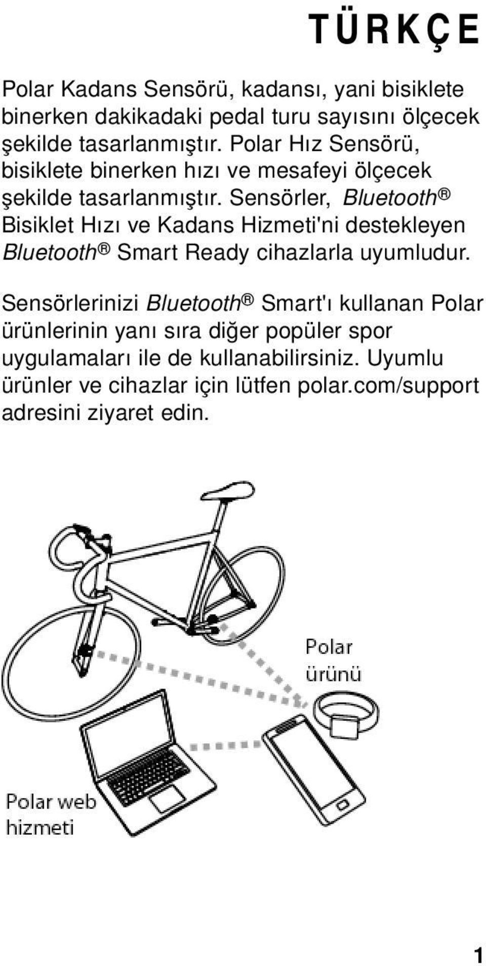 Sensörler, Bluetooth Bisiklet Hızı ve Kadans Hizmeti'ni destekleyen Bluetooth Smart Ready cihazlarla uyumludur.