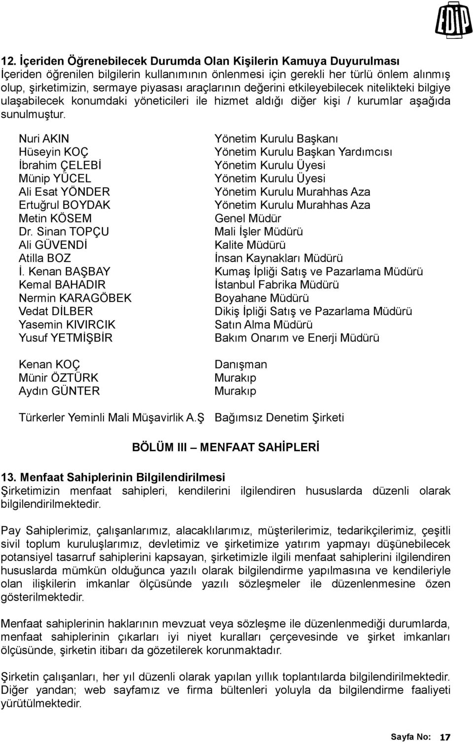 Nuri AKIN Yönetim Kurulu Başkanı Hüseyin KOÇ Yönetim Kurulu Başkan Yardımcısı İbrahim ÇELEBİ Yönetim Kurulu Üyesi Münip YÜCEL Yönetim Kurulu Üyesi Ali Esat YÖNDER Yönetim Kurulu Murahhas Aza Ertuğrul