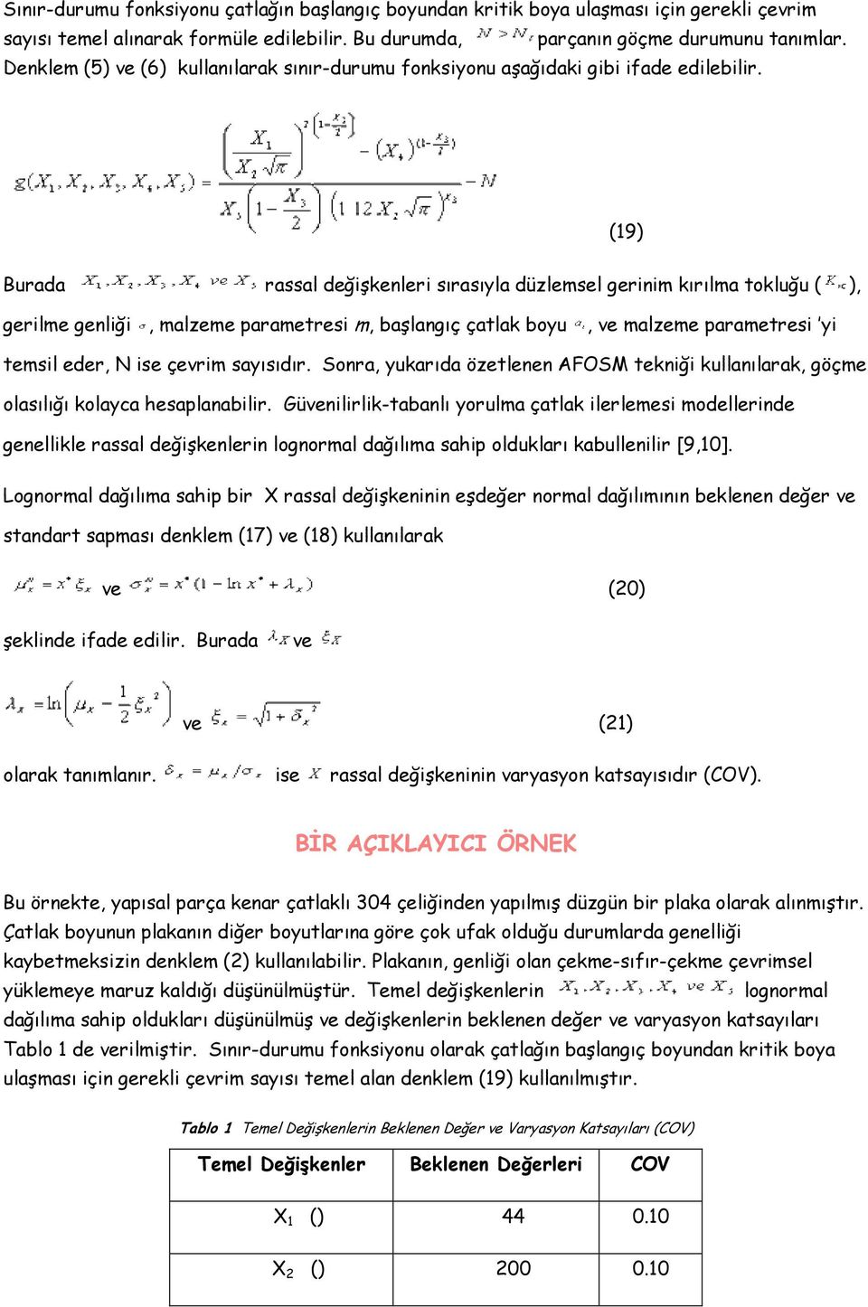 (19) Burada rassal değişkenleri sırasıyla düzlemsel gerinim kırılma tokluğu ( ), gerilme genliği, malzeme parametresi m, başlangıç çatlak boyu, ve malzeme parametresi yi temsil eder, N ise çevrim