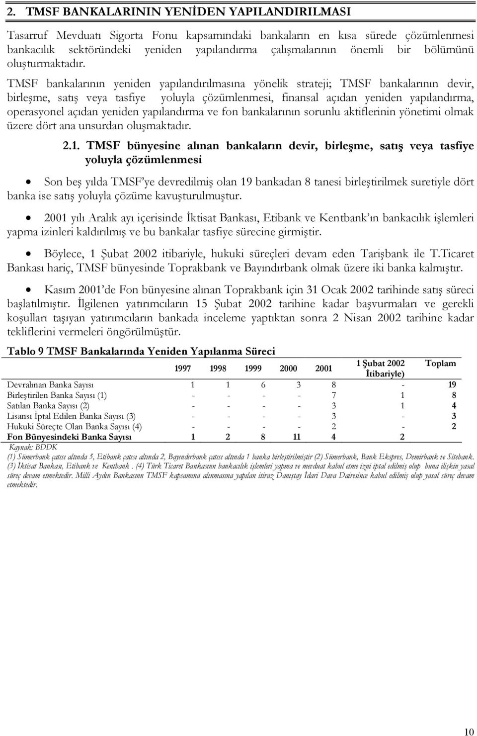 TMSF bankalarının yeniden yapılandırılmasına yönelik strateji; TMSF bankalarının devir, birleşme, satış veya tasfiye yoluyla çözümlenmesi, finansal açıdan yeniden yapılandırma, operasyonel açıdan