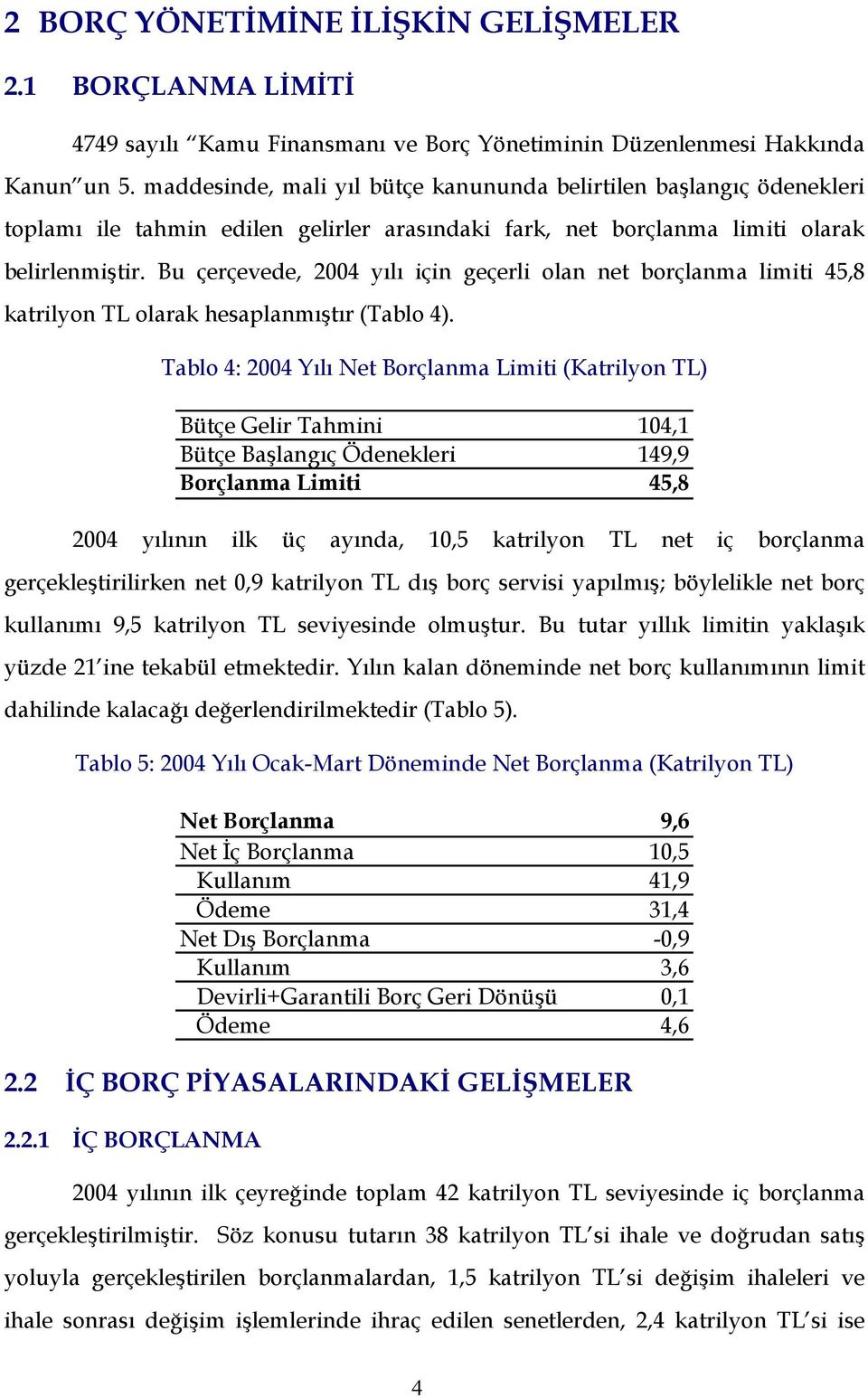 Bu çerçevede, 2004 yılı için geçerli olan net borçlanma limiti 45,8 katrilyon TL olarak hesaplanmıştır (Tablo 4).