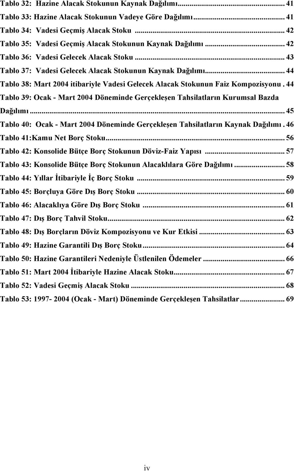 .. 44 Tablo 38: Mart 2004 itibariyle Vadesi Gelecek Alacak Stokunun Faiz Kompozisyonu. 44 Tablo 39: Ocak - Mart 2004 Döneminde Gerçekleşen Tahsilatların Kurumsal Bazda Dağılımı.